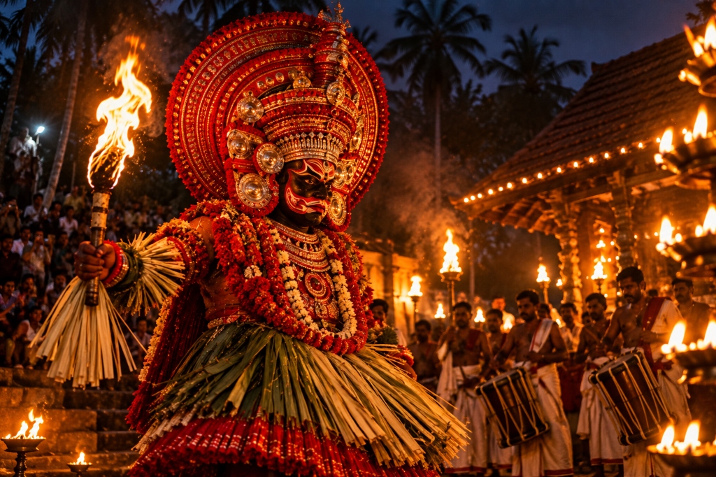 Theyyam ritual performance at night in North Kerala with sacred fire torch, traditional chenda percussion drums, and vibrant red headgear