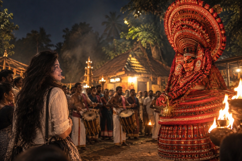 Theyyam ritual performance in northern Kerala with traditional drums, fire, vibrant headgear and a local guide