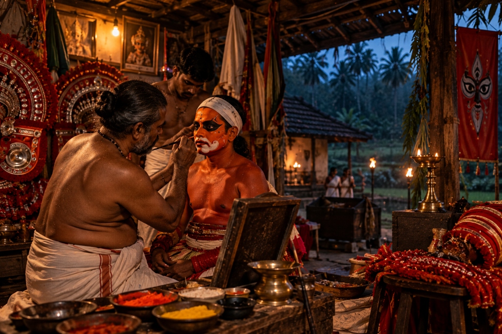 Master Theyyam artist carefully applying intricate herbal and mineral face paint designs to a performer backstage before the ritual in North Kerala