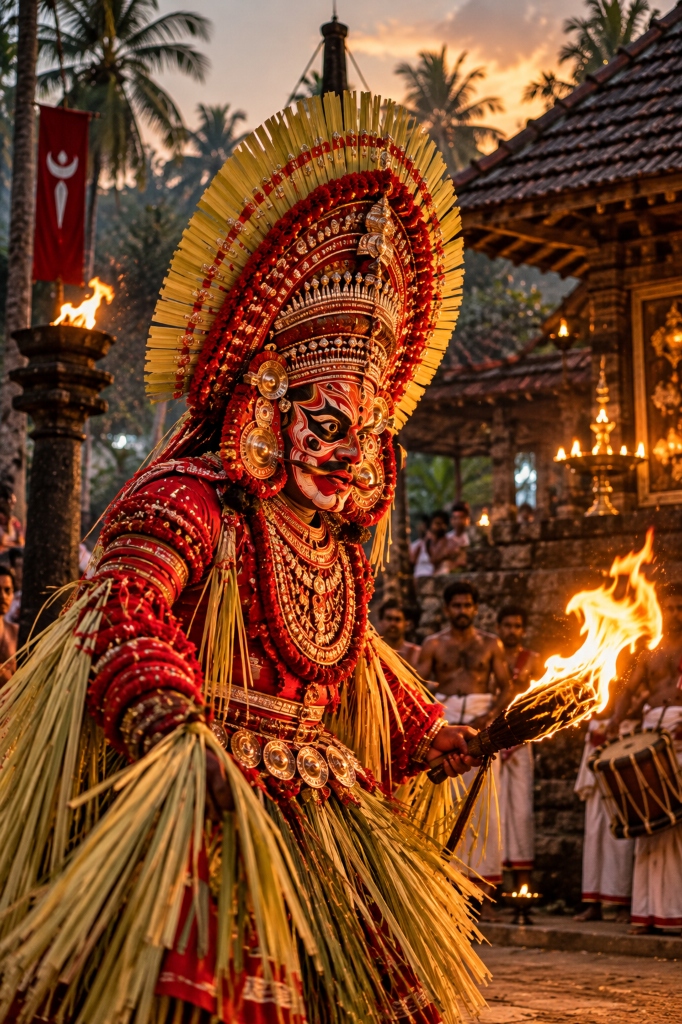 A Theyyam performer adorned in sacred red attire, elaborate crown, and traditional coconut leaf skirt holding a ritual fire torch in Kannur