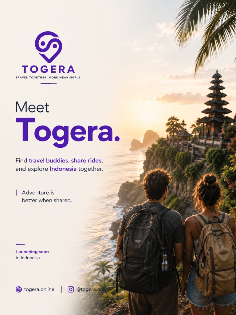Two travelers with backpacks standing on a cliff in Bali, looking at the sunset over a temple. Meet Togera.