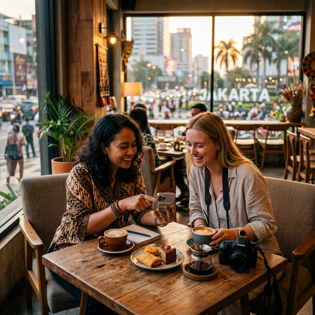 Two friends sharing coffee at a modern cafe in Jakarta, one local showing a phone to a foreign visitor